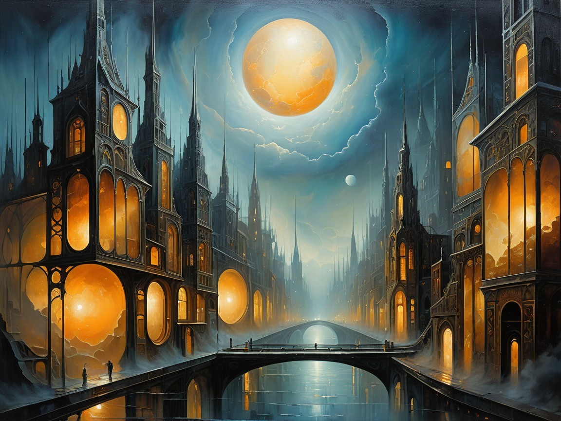 Twilight Cityscape with Illuminated Structures and Moon