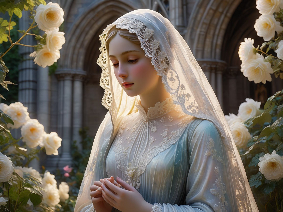 Serene Figure in Blue Gown Among Blooming Roses