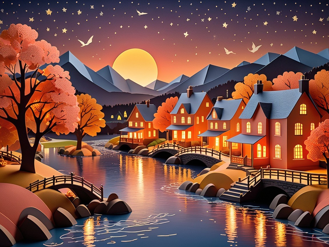 Twilight Landscape with Houses, River, and Mountains
