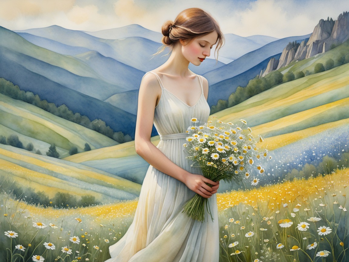 Young Woman in White Dress Surrounded by Wildflowers