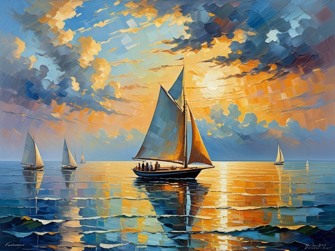 Serene Seascape with Sailboats at Sunset