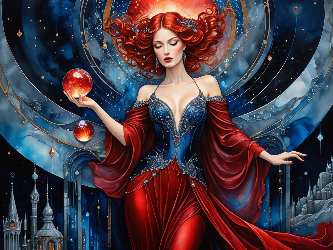 Cosmic Scene with Woman in Elegant Gown and Orbs