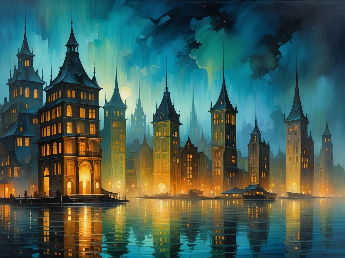 Mystical Night Cityscape with Serene Water Reflections