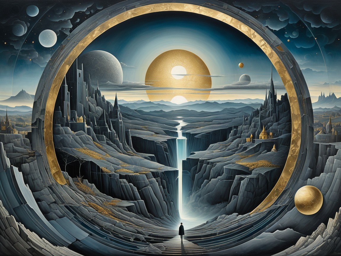 Surreal Landscape with Mountains and Castles in Frame