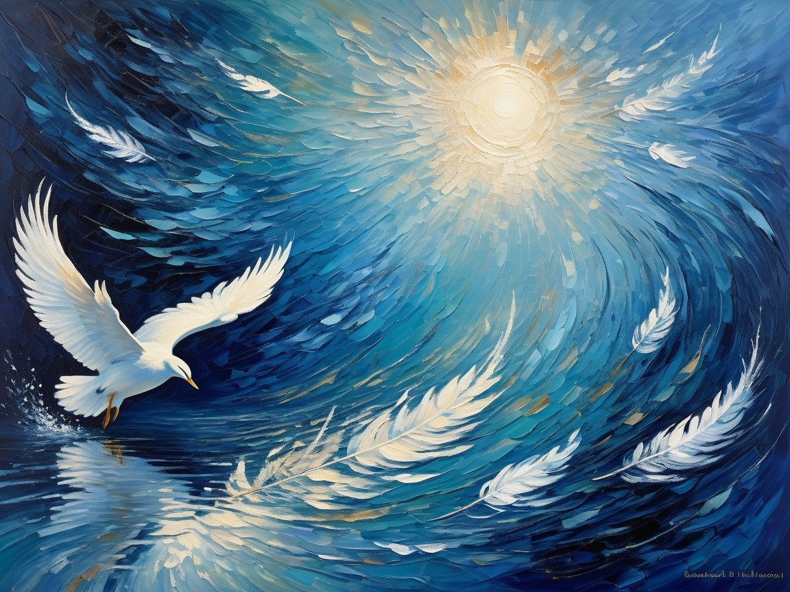 Vibrant Blue Background with White Feathers and Bird