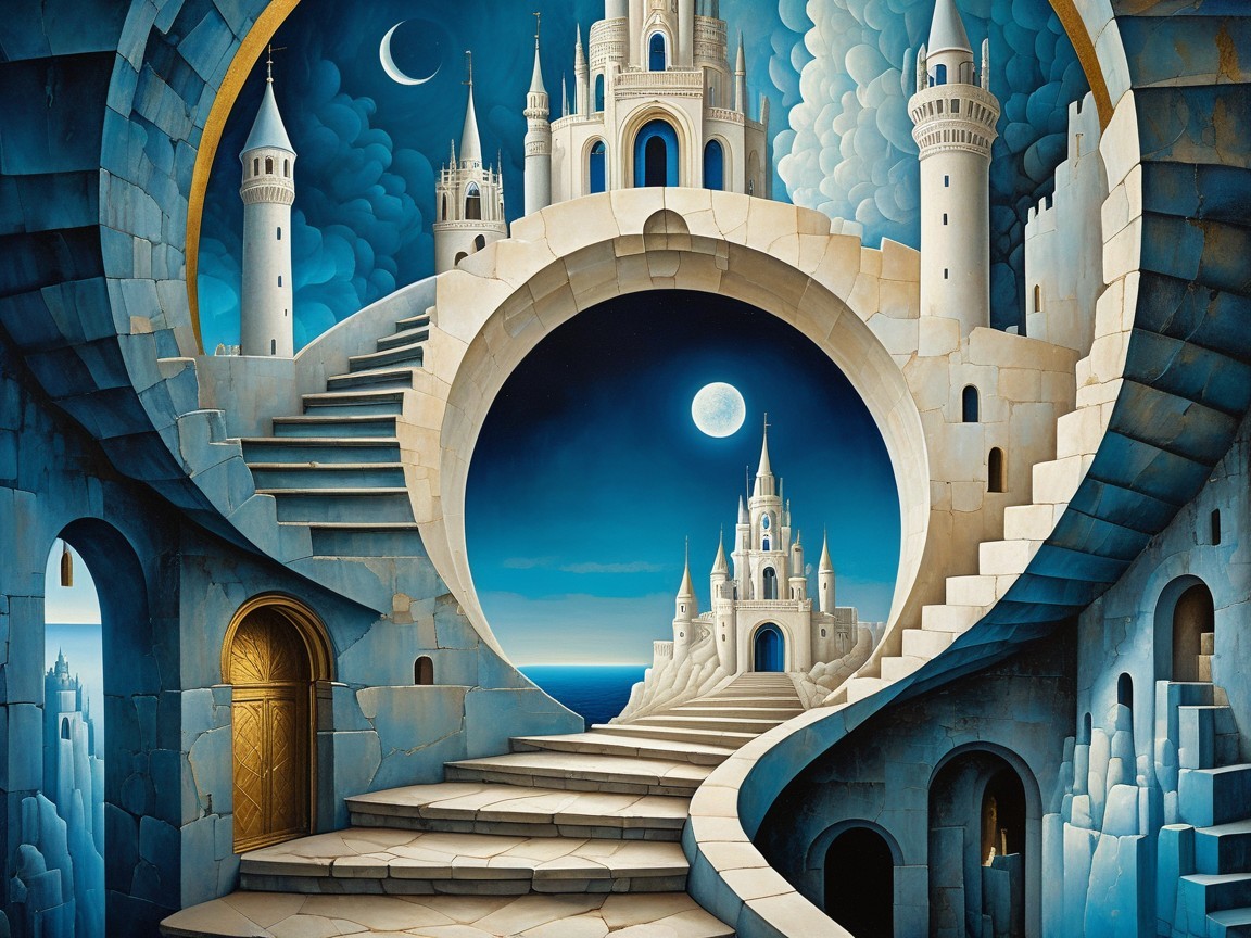 Surreal Landscape with Castles and Winding Staircases