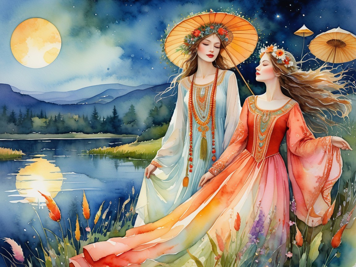 Ethereal Figures by Serene Lakeside Under Moonlight