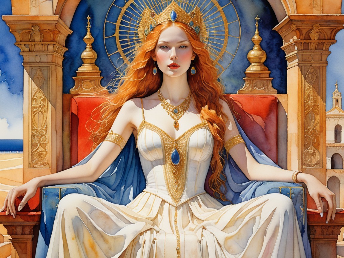 Majestic queen on a grand throne with turquoise jewelry