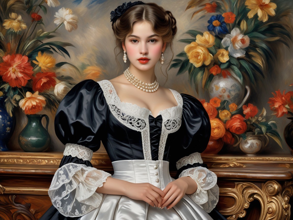 Young woman in vintage gown with floral backdrop