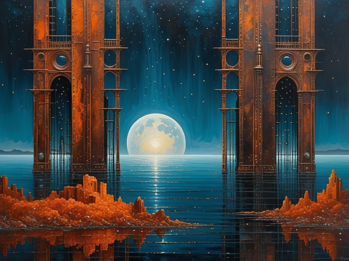 Vibrant Oil Painting of Moonlit Ocean and Structures
