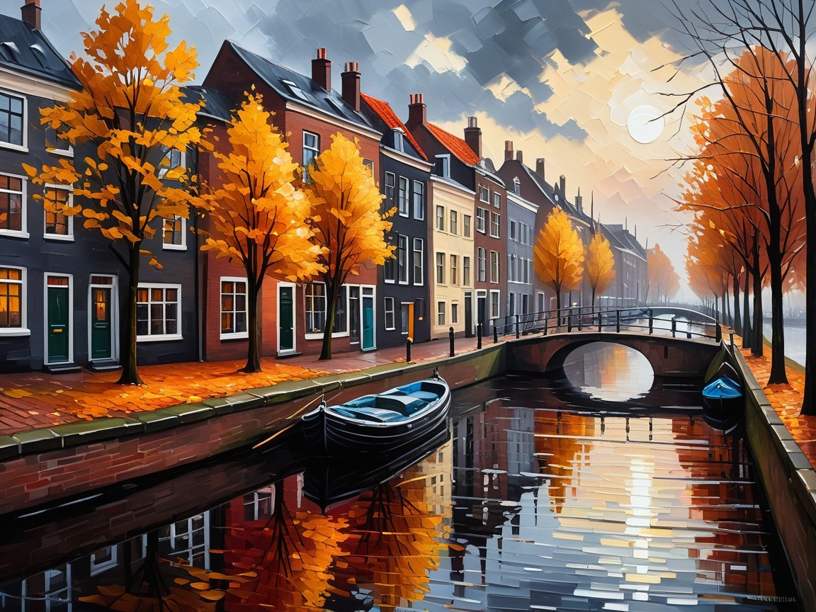 Autumn Canal Scene with Historic Buildings and Trees