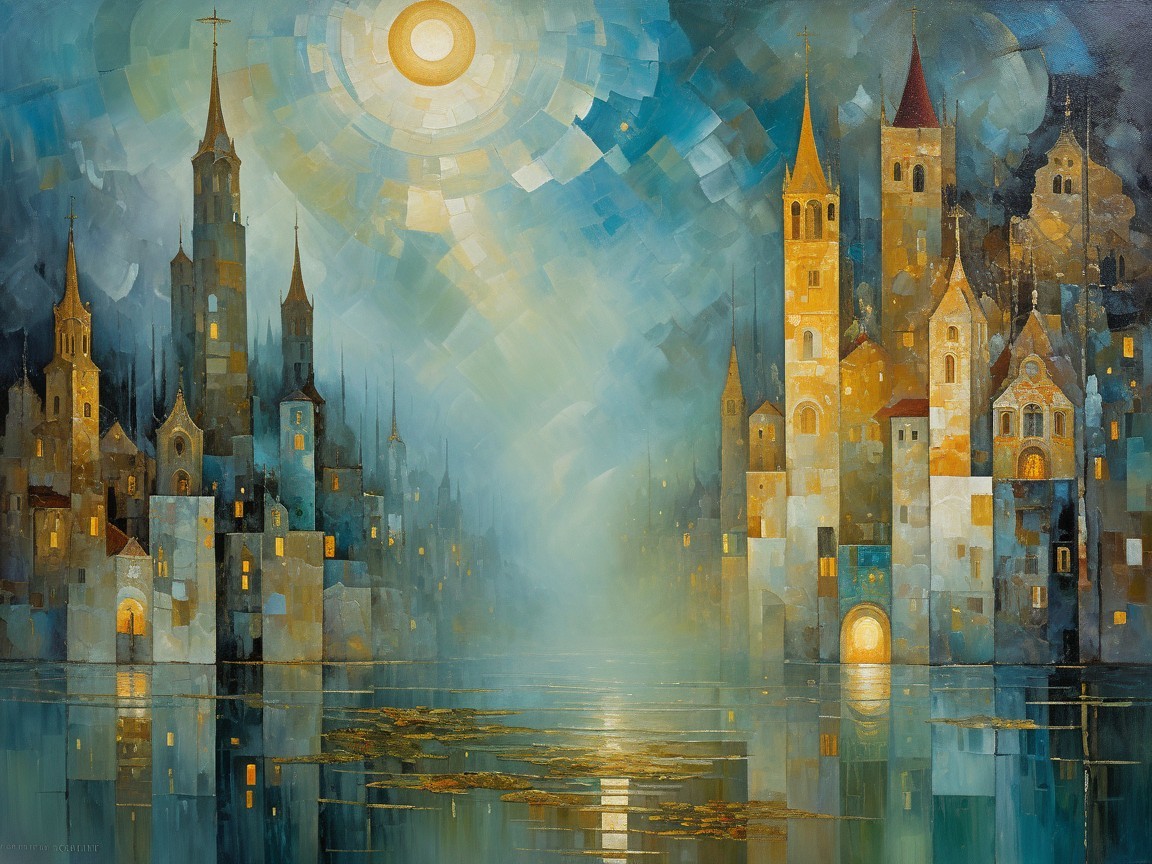 Surreal Cityscape with Ornate Towers and Reflections