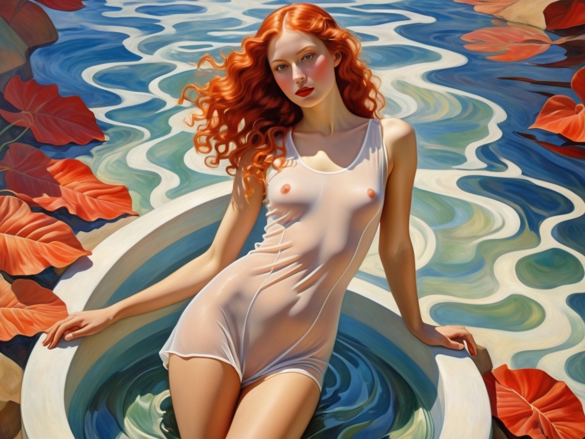 Young Woman in Shallow Pool with Autumn Leaves