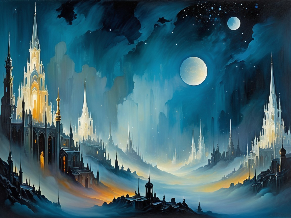 Majestic Castles in Mystical Nightscape with Moons