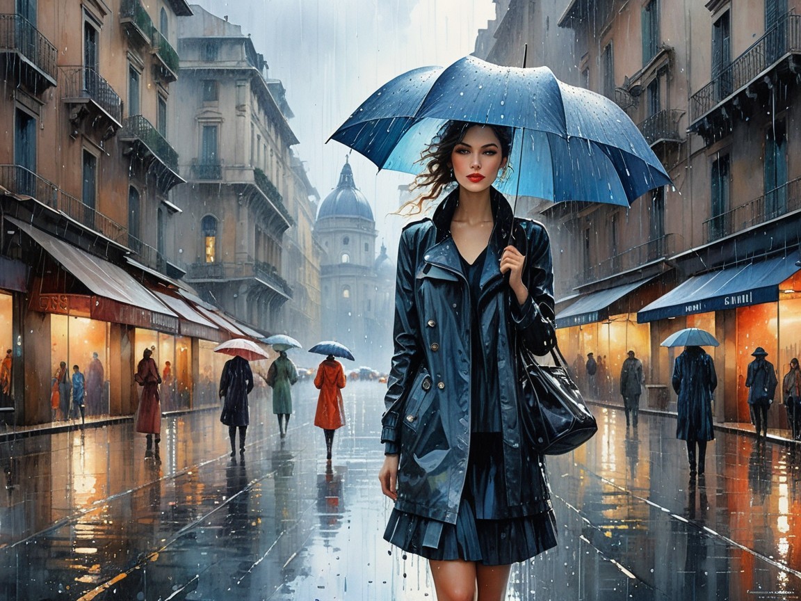 Urban Rain Scene with Stylish Figure and Reflections