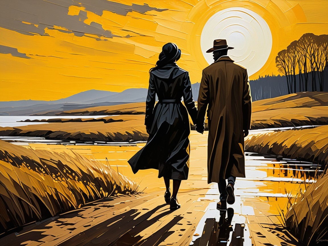 Couple Walking Hand in Hand at Sunset Landscape