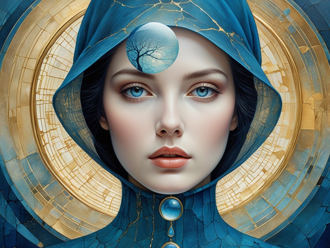 Portrait of a woman in a blue hood with moon motif