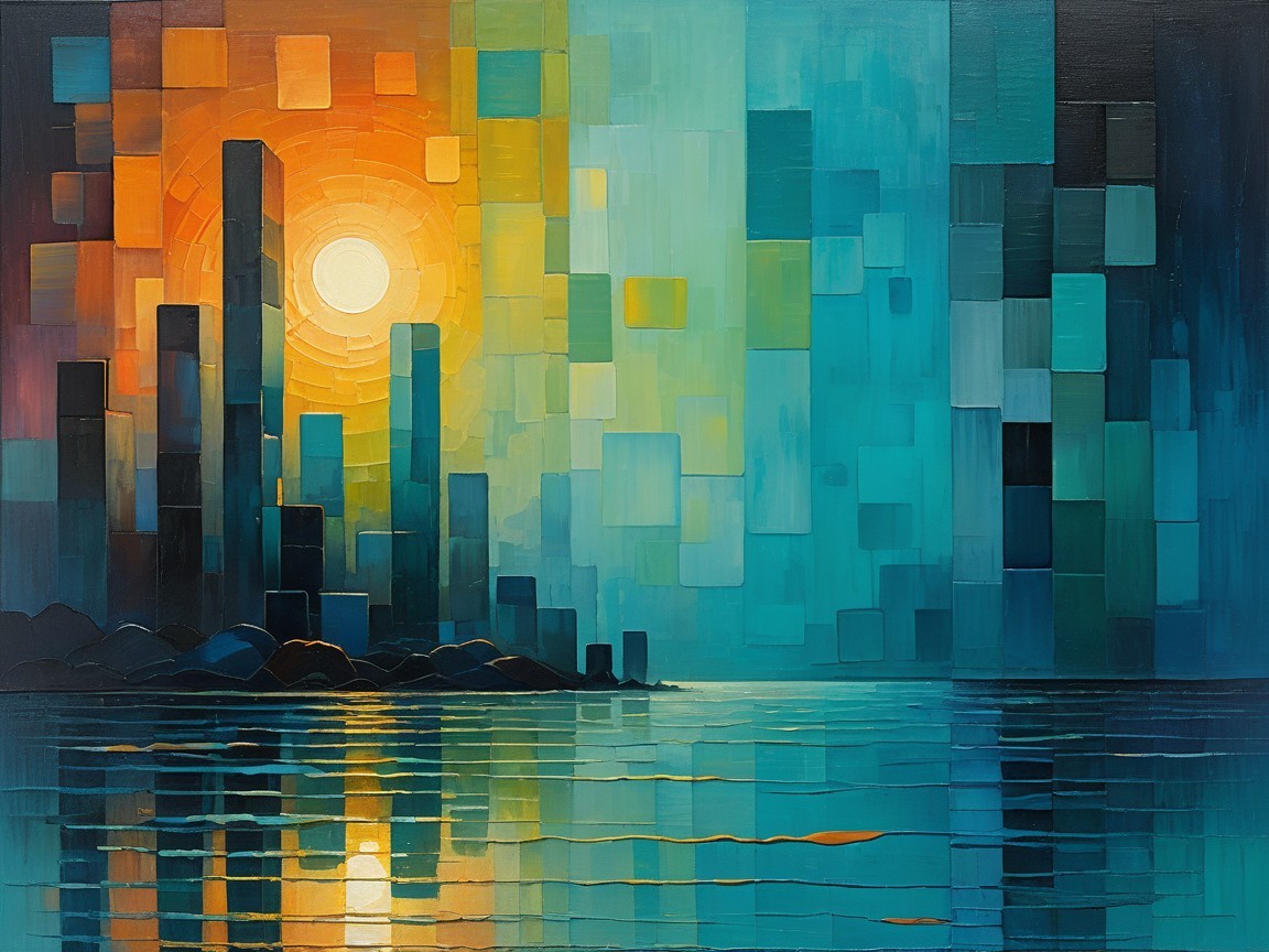 Vibrant City Skyline at Sunset with Geometric Shapes