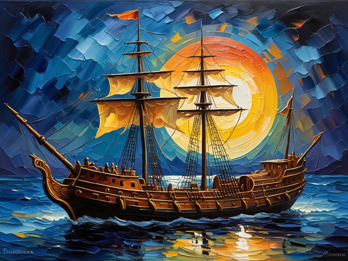 Tall Ship Sailing at Sunset Over Vibrant Waters
