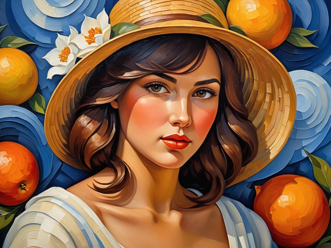 Young woman with straw hat against vibrant backdrop