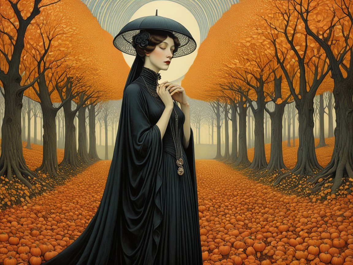 Serene figure in black gown in autumn landscape