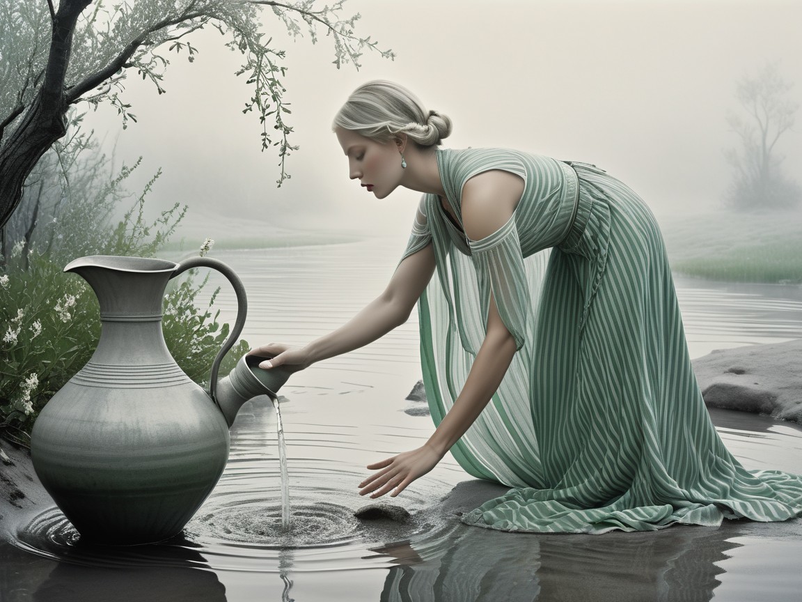 Mist-covered landscape with woman by tranquil river