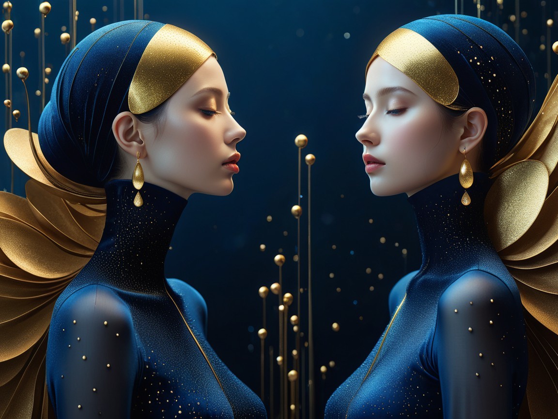 Elegant figures in deep blue outfits with golden accents