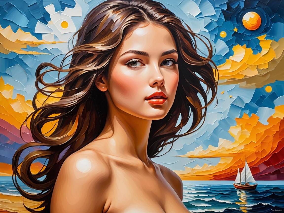 Young woman by ocean at sunset with sailboat