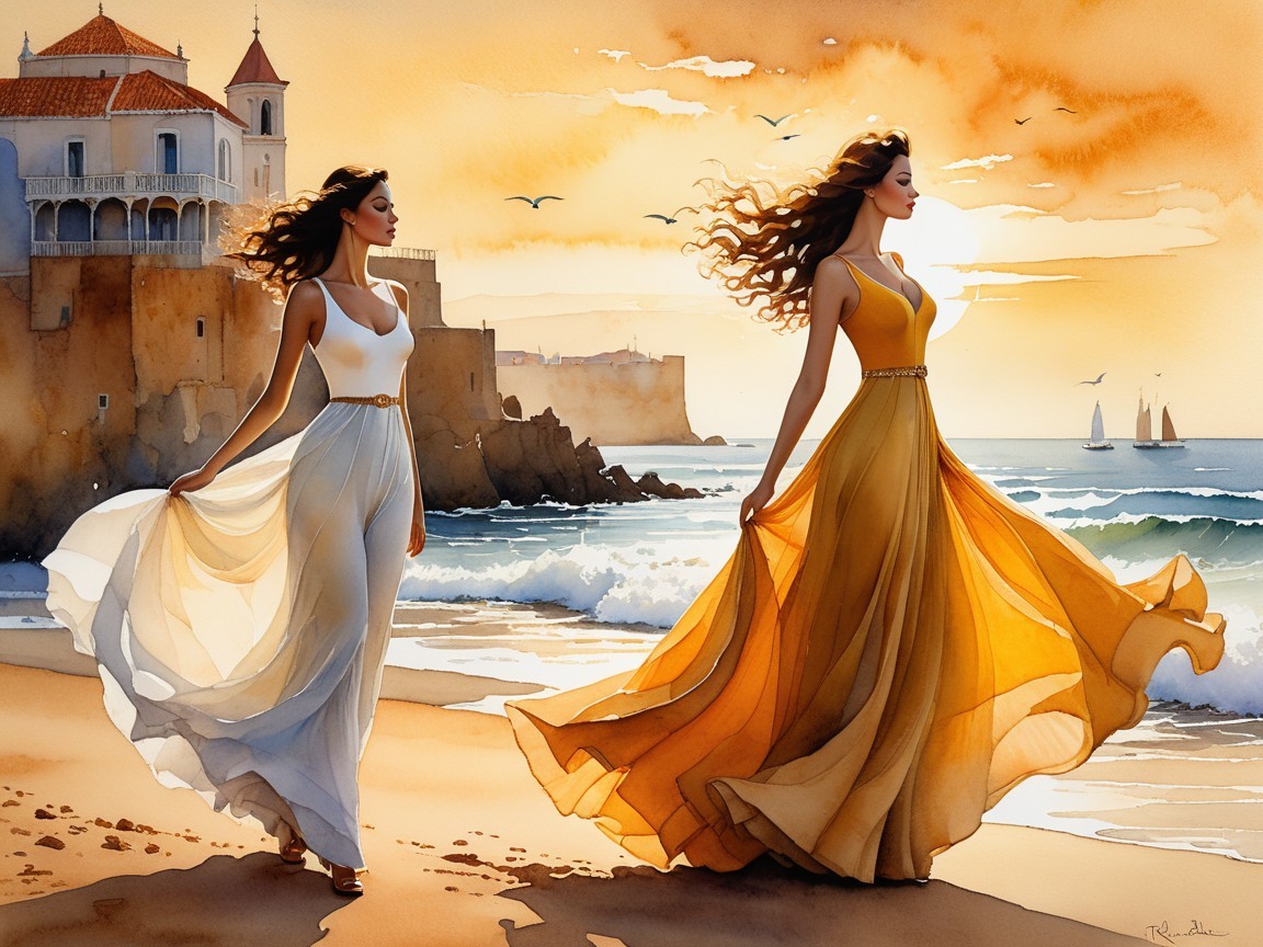 Elegant Women in Flowing Dresses at Sunset Beach