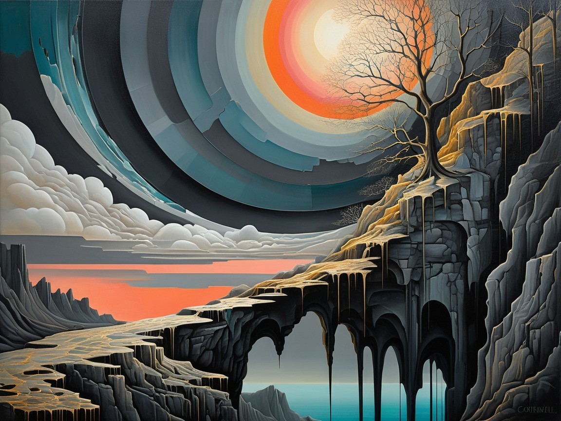 Surreal Landscape with Barren Tree and Vibrant Sky Patterns