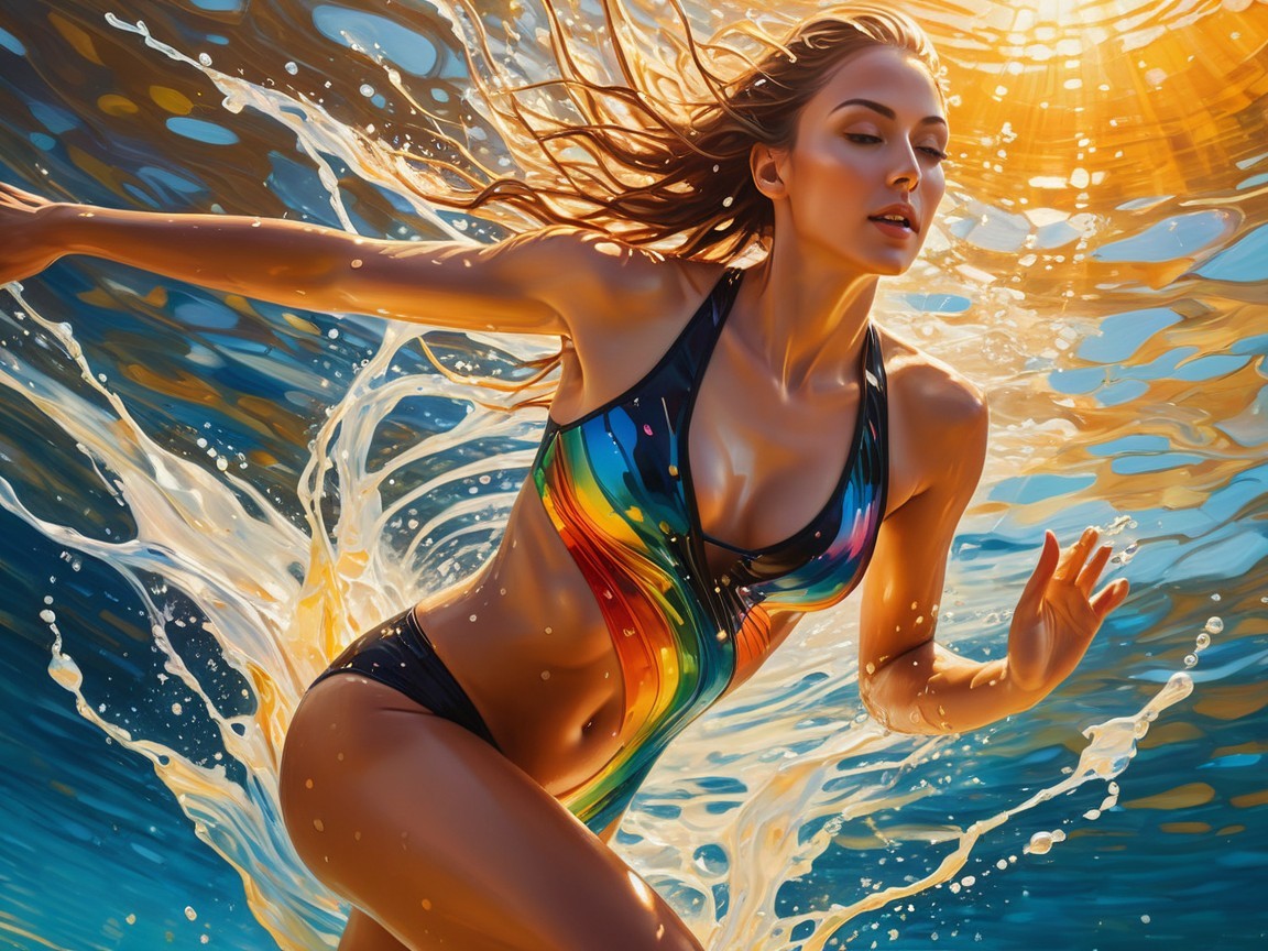 Woman in Rainbow Swimsuit Splashing in Ocean Water
