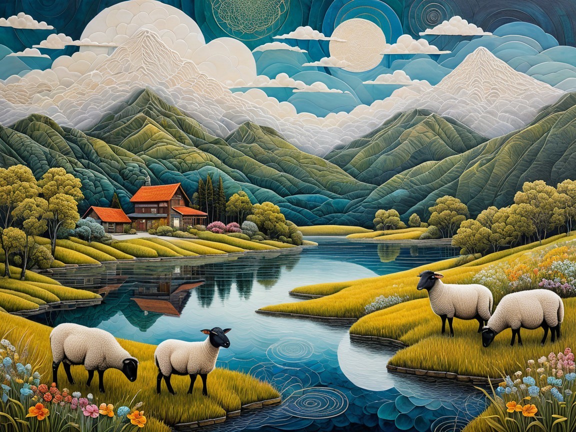 Idyllic Pastoral Landscape with Hills and Lake