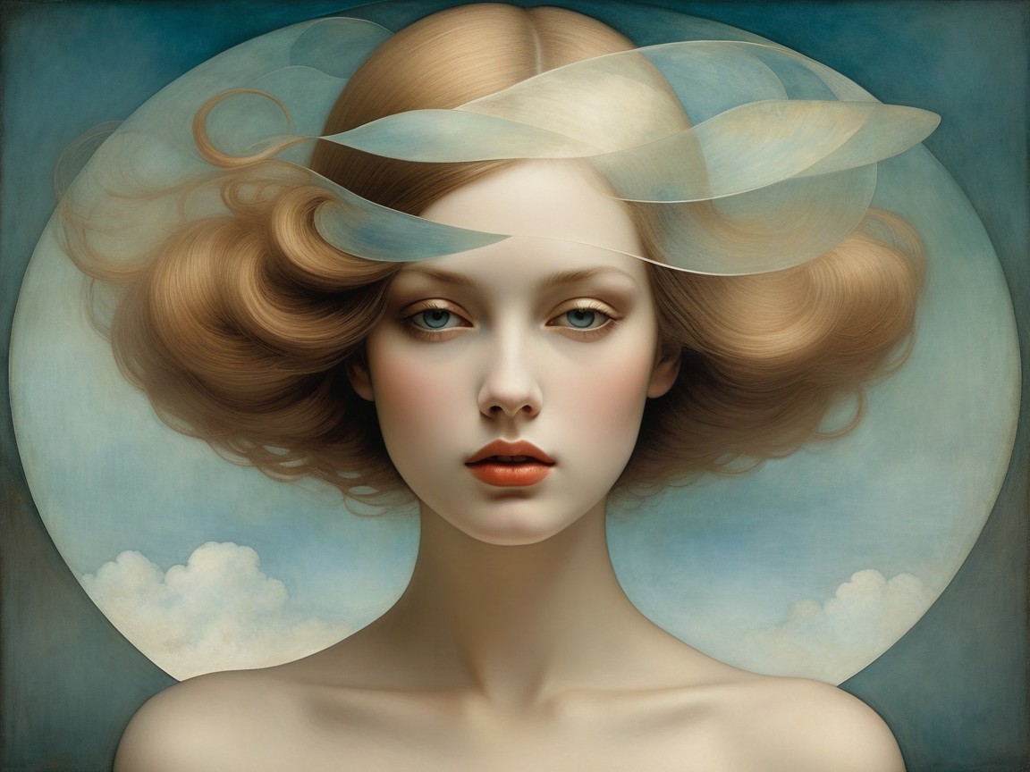 Close-up Portrait of a Woman with Red Hair and Clouds