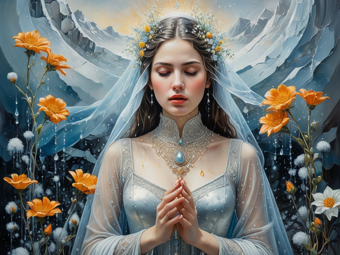 Serene Woman in Elegant Attire with Mountain Backdrop