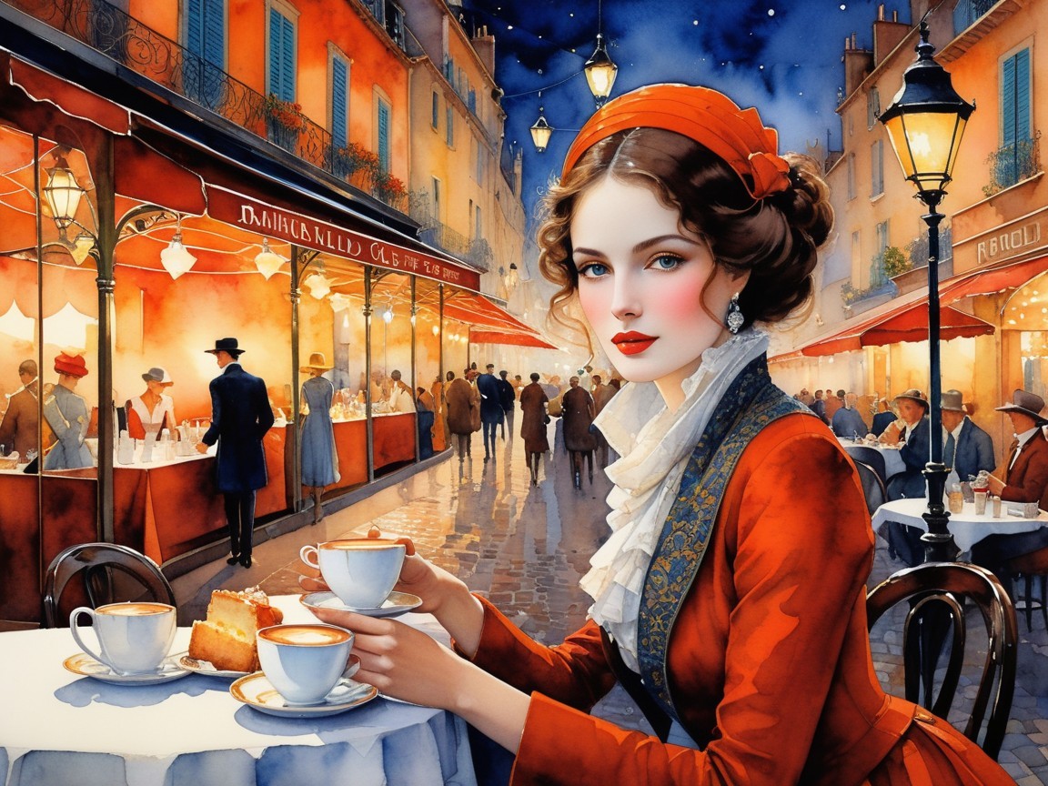 Charming Evening Café Scene with Elegant Woman