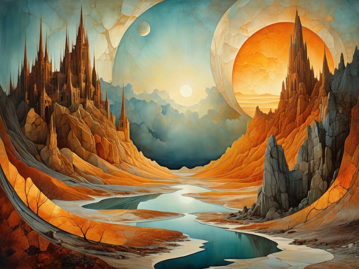 Surreal Landscape with Mountains and Ethereal Castles