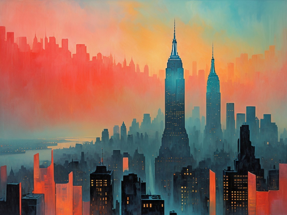 Fictional New York City Skyline at Sunset with Haze