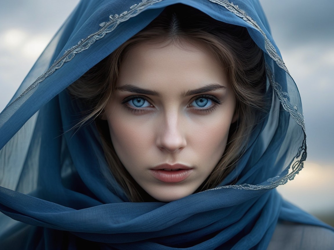 Portrait of a Young Woman with Blue Eyes and Scarf