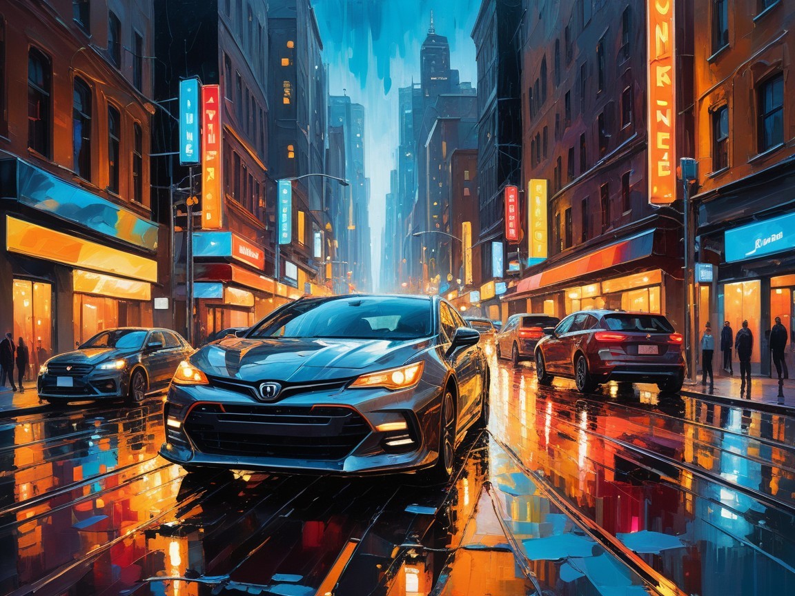 Black Car on Rainy Street with Neon Reflections