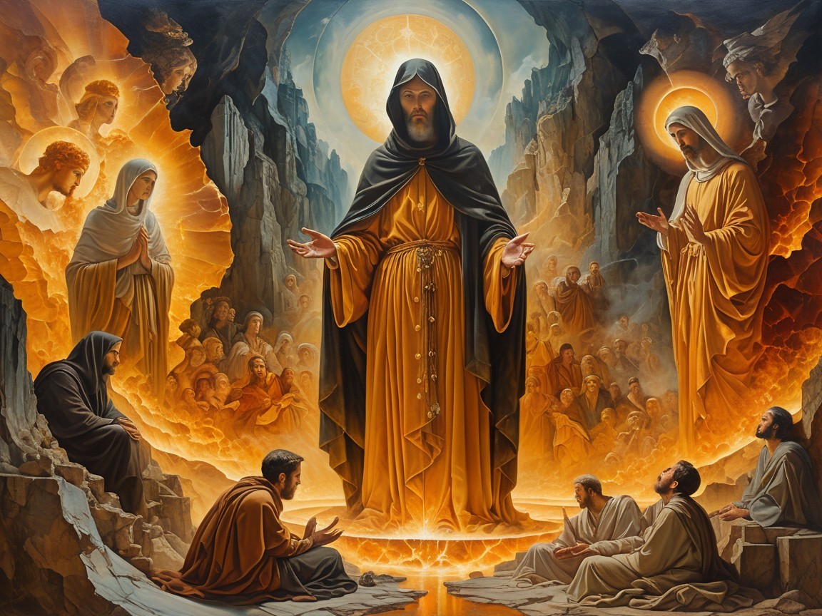 Cloaked Figure Surrounded by Ethereal Beings and Followers