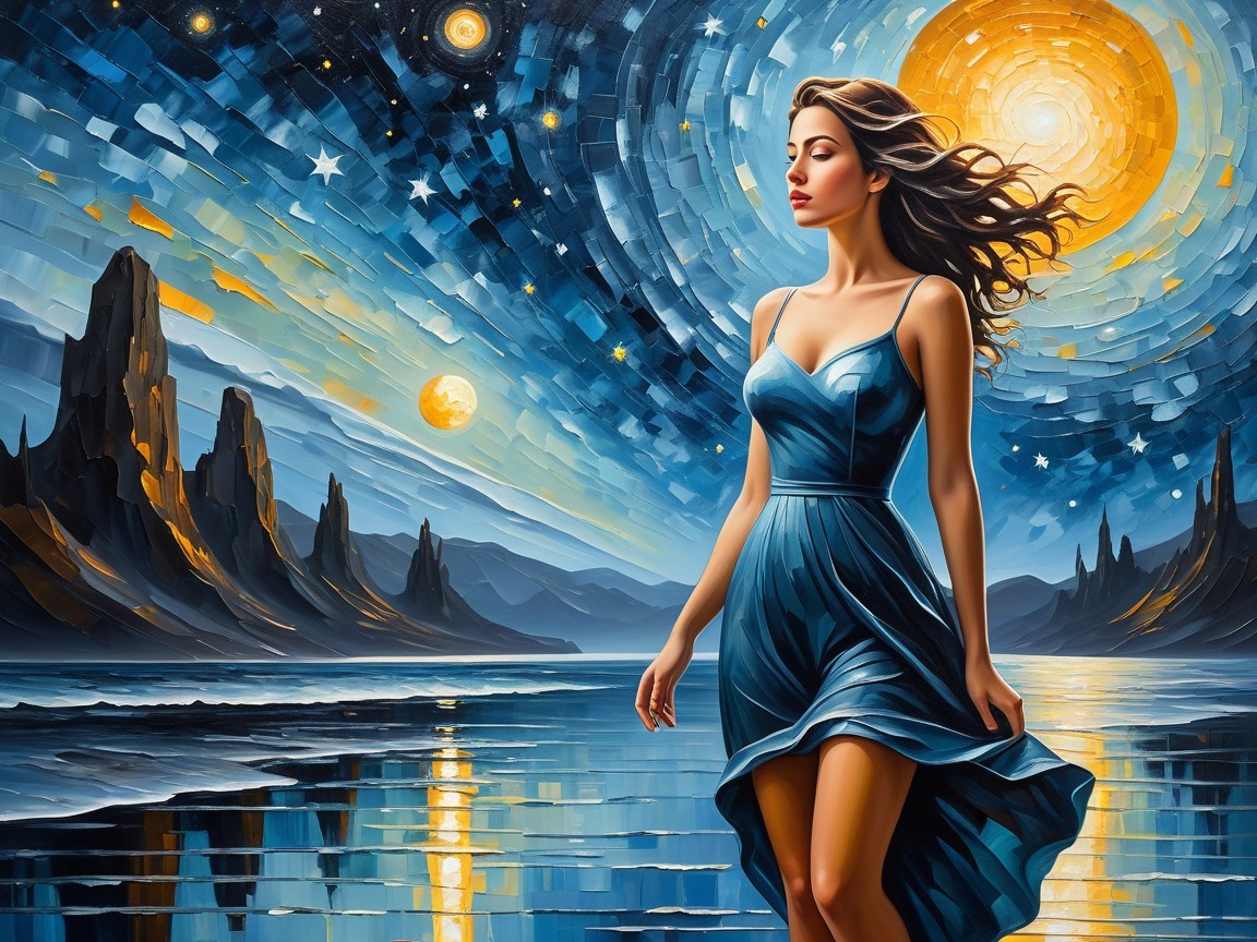 Woman in Blue Dress by Tranquil Water at Night