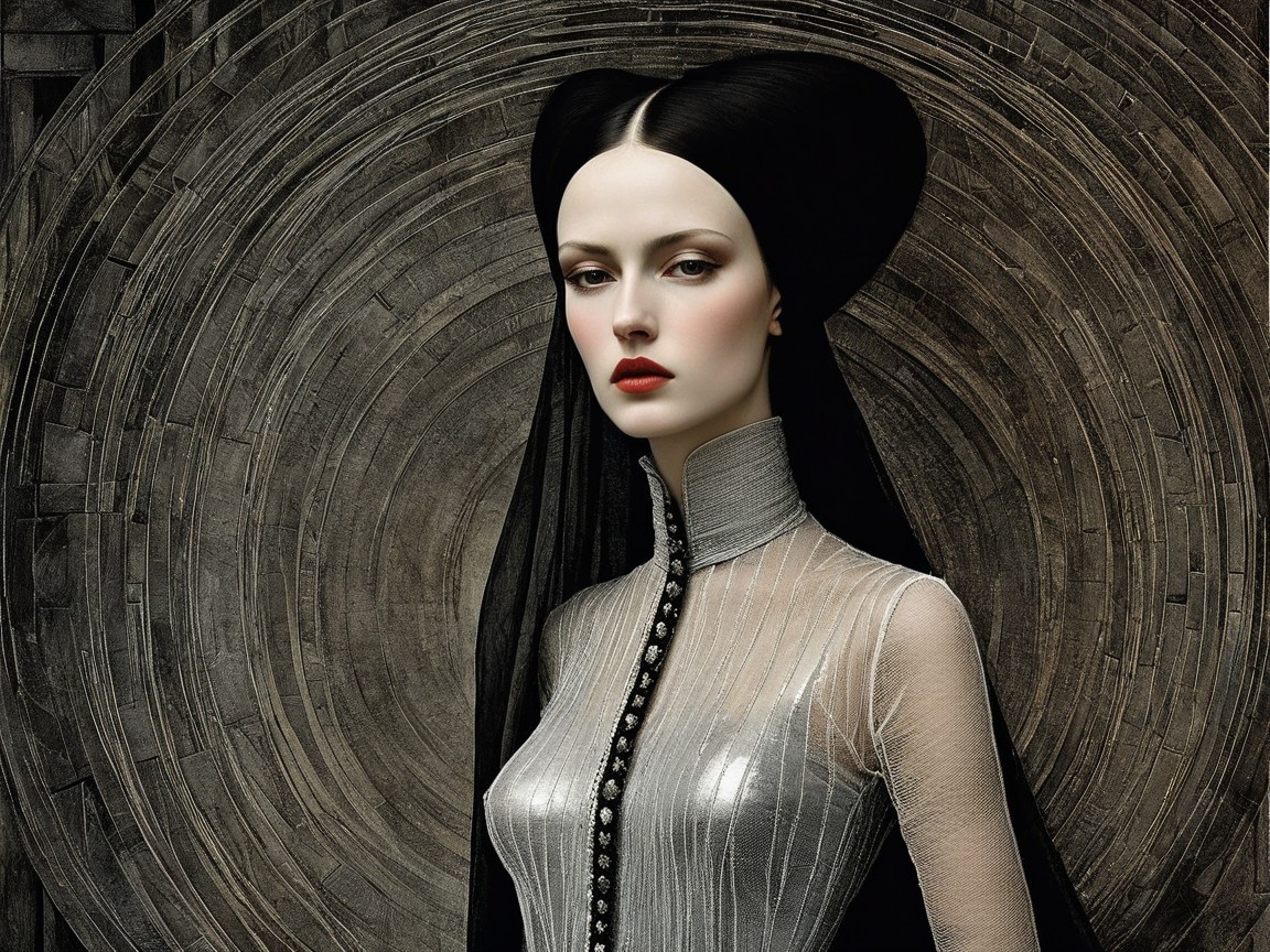 Ethereal Figure in Silver Gown Against Textured Backdrop