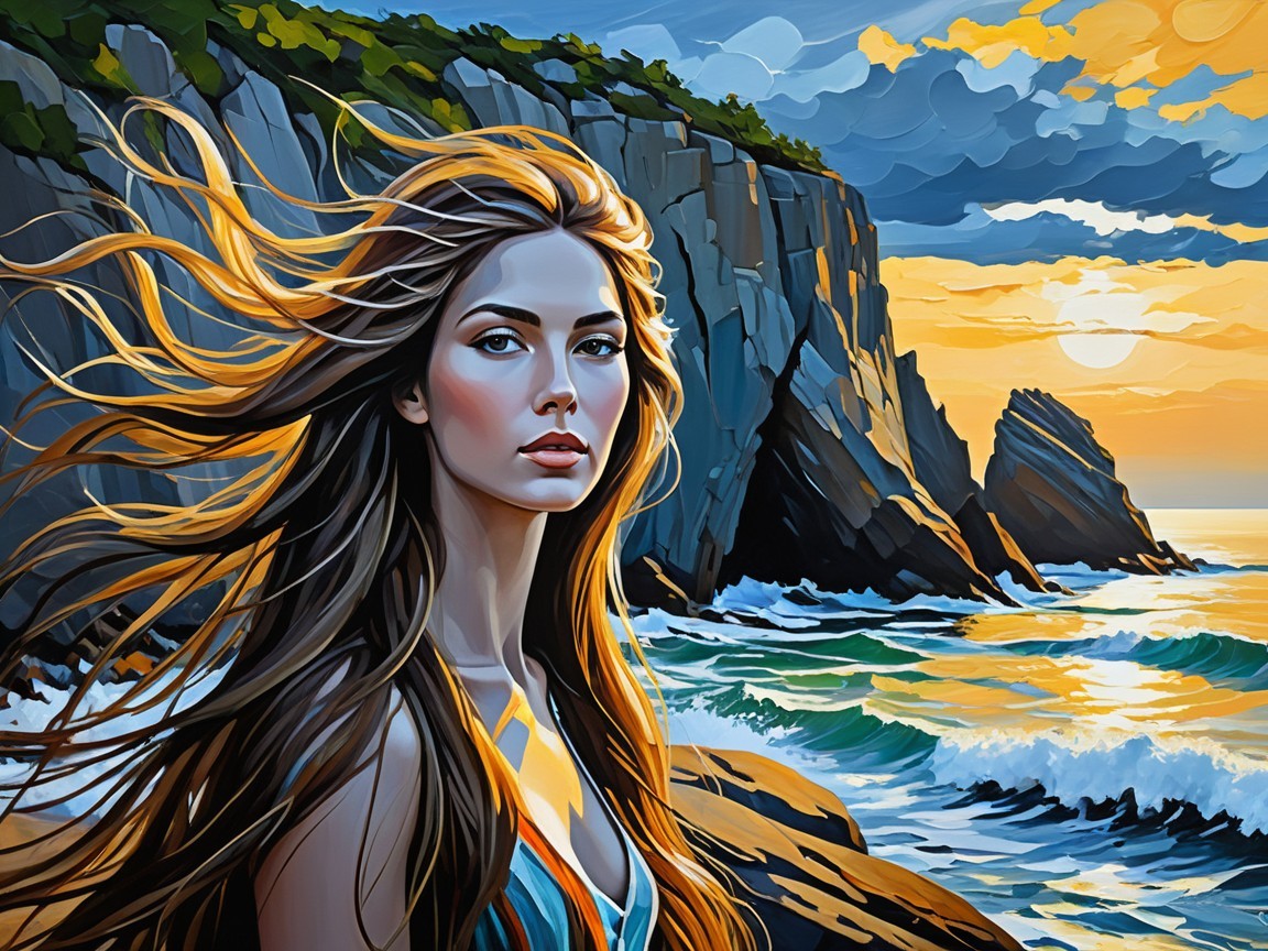 Portrait of a Young Woman at Sunset by the Coast