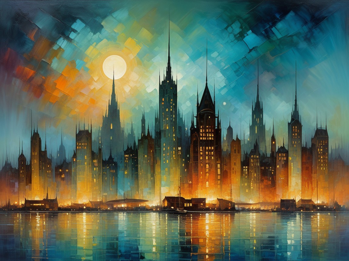 Vibrant City Skyline at Dusk with Reflected Colors