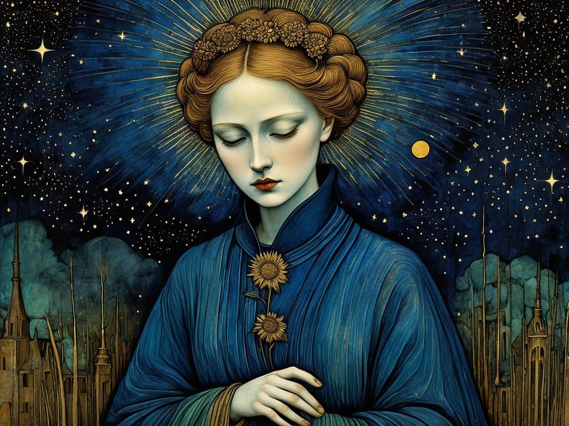Serene Woman in Blue Robe with Sunflower Crown