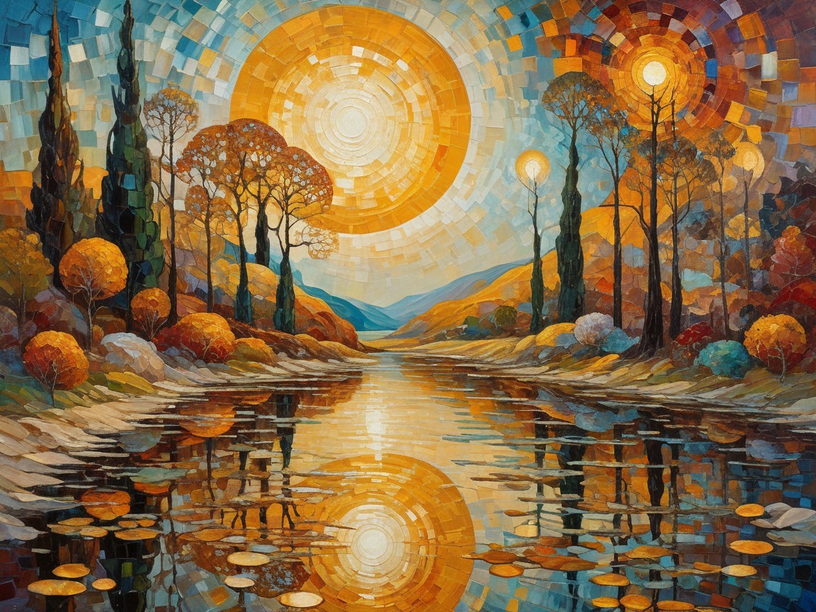 Vibrant Landscape Painting of Autumn River Scene