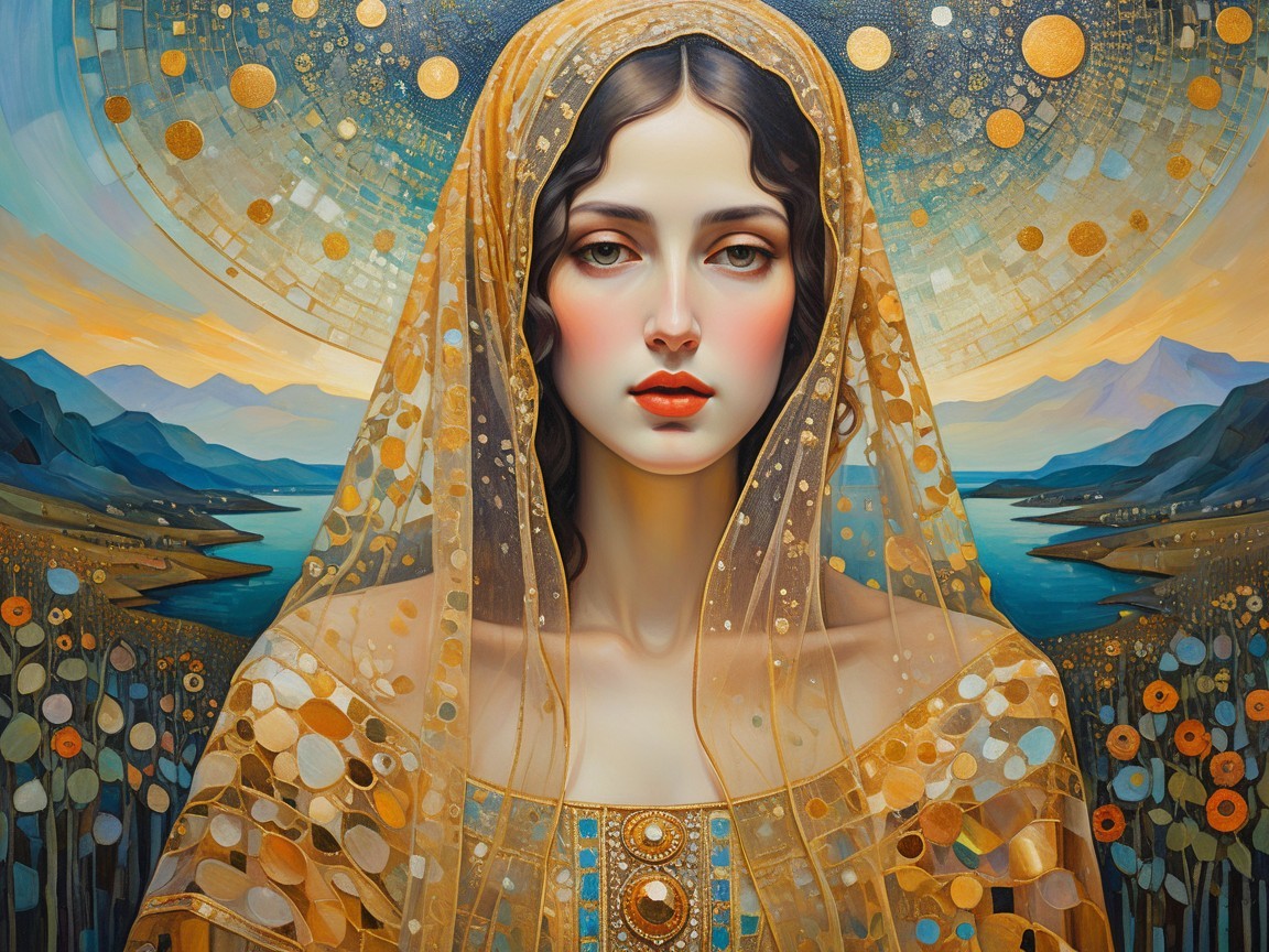 Young woman in golden veil against serene landscape