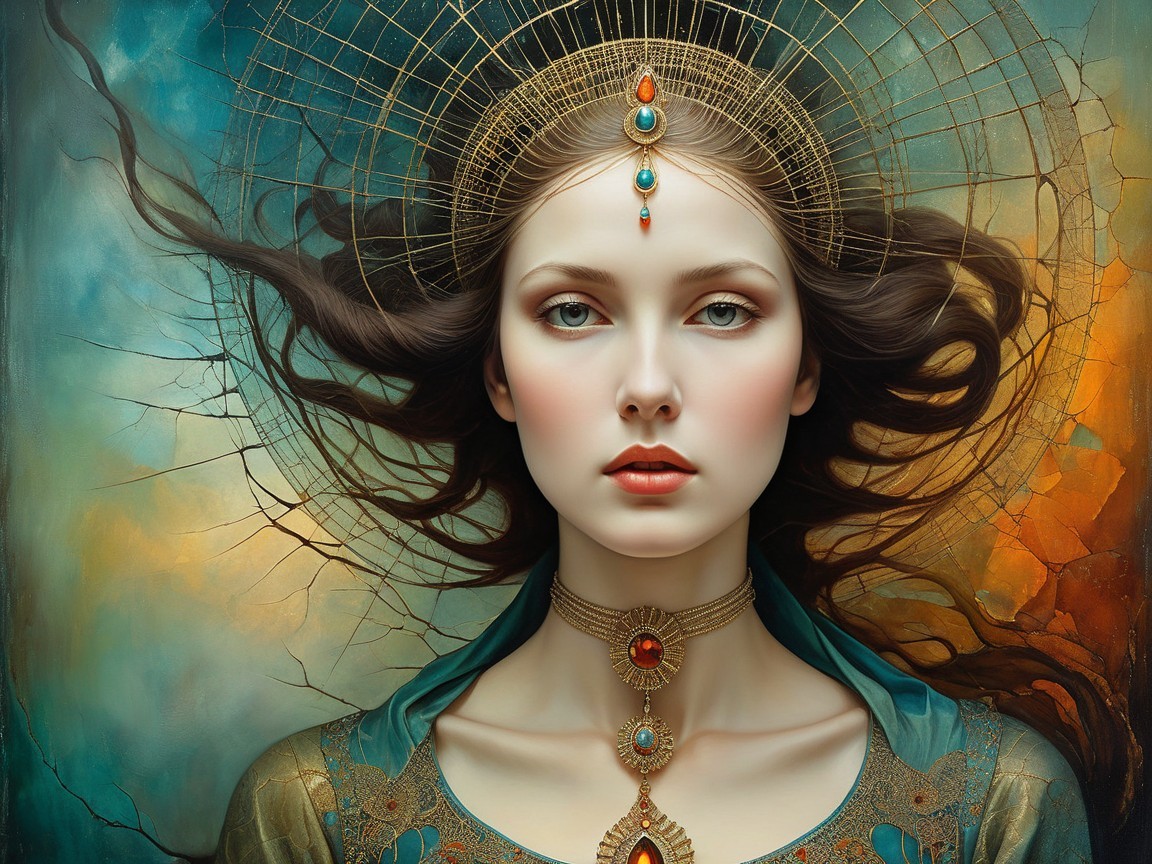 Portrait of a Young Woman with Vibrant Colors and Halo
