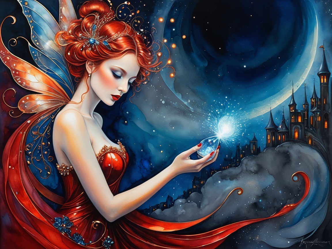 Fairy in Red Gown with Crystal and Castle Silhouette