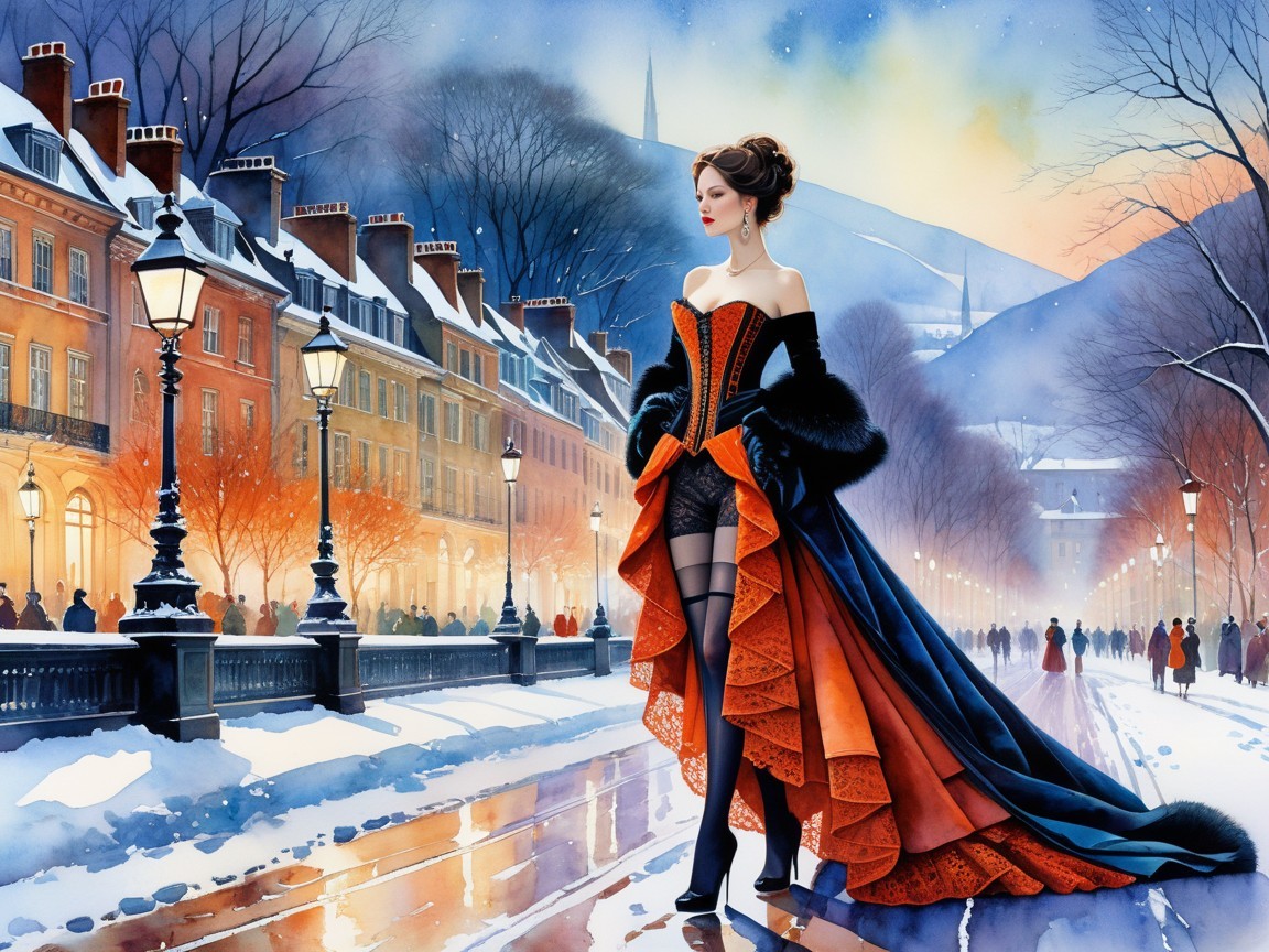 Elegant Woman in Snowy Street with Vibrant Gown